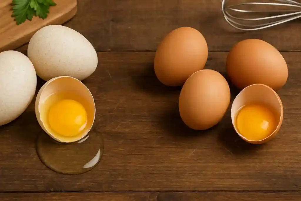 Turkey and chicken eggs side by side showing size and color differences – Can You Eat Turkey Eggs