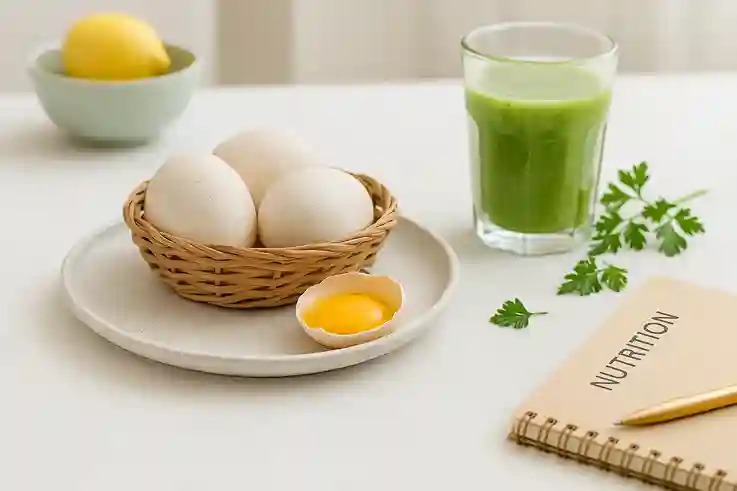 Healthy breakfast scene with fresh turkey eggs and smoothie on table – Can You Eat Turkey Eggs