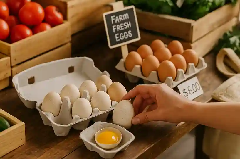 Farmers market display with fresh turkey eggs in baskets – Can You Eat Turkey Eggs