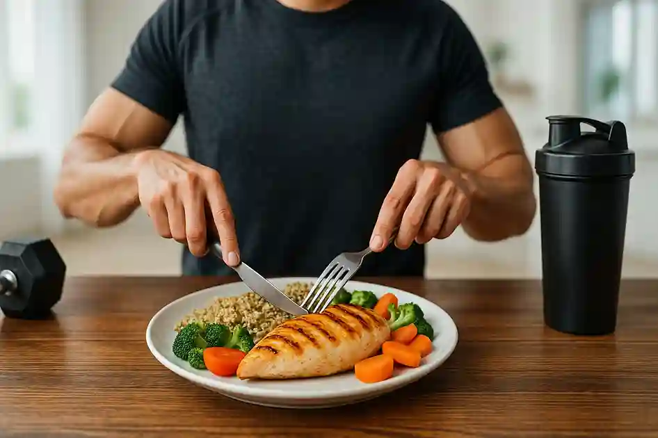 Grilled chicken breast with vegetables and quinoa, symbolizing protein-rich fitness nutrition.
