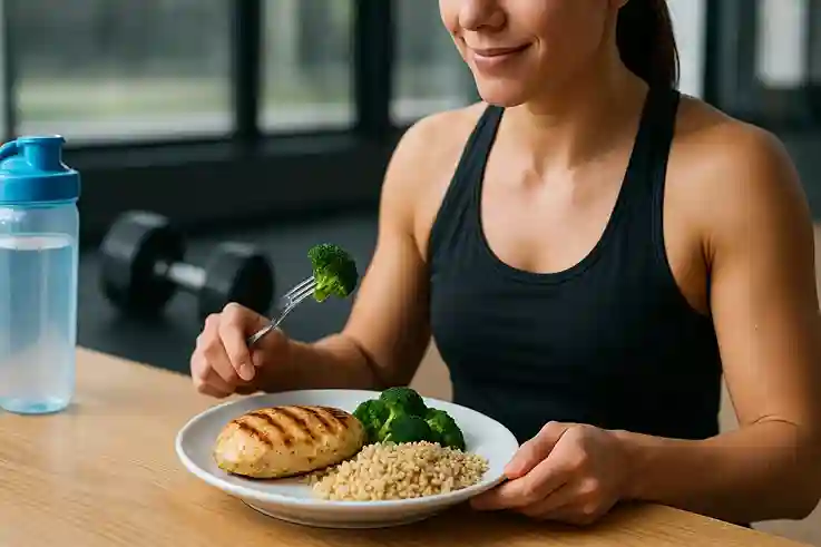 Athlete eating grilled chicken breast protein with broccoli and rice after workout in a bright gym setting.
