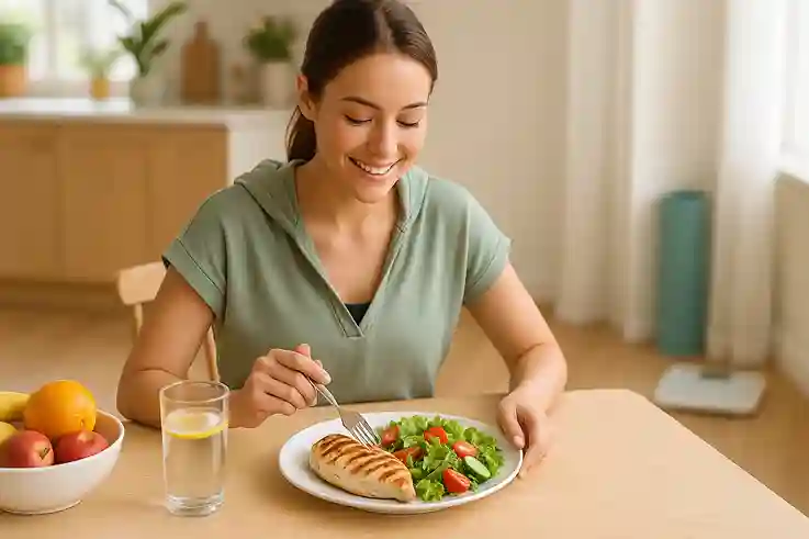 Woman in activewear enjoying chicken breast protein meal with salad as part of a weight loss lifestyle.