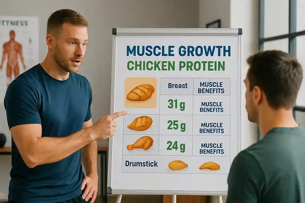 Personal trainer explaining muscle growth with a nutrition chart highlighting chicken protein and different chicken cuts.