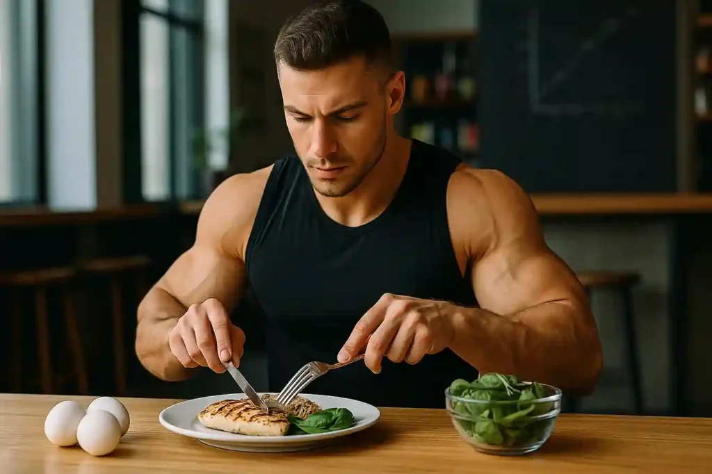 Strong athlete preparing a chicken protein meal with eggs, spinach, and brown rice in a bright gym café.