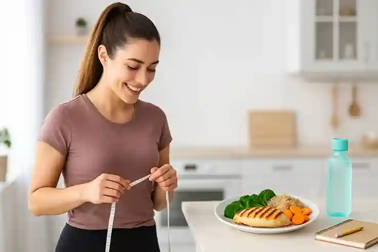 A woman in her late 20s measuring weight with a scale, with a healthy chicken protein meal on the table nearby.