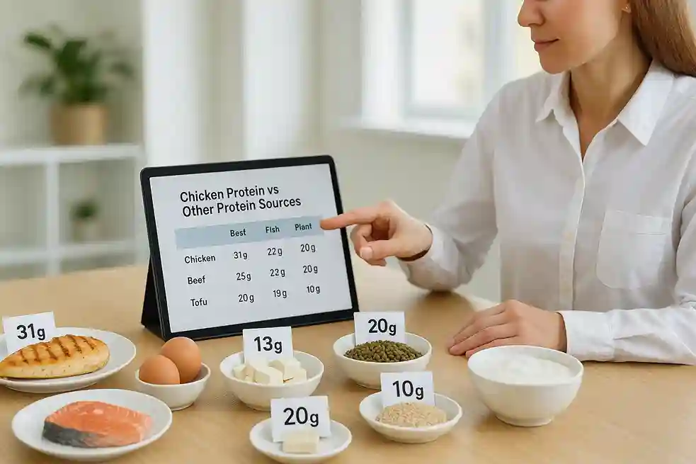 Nutritionist comparing chicken protein with other protein sources like fish, eggs, tofu, and lentils on a wellness table.