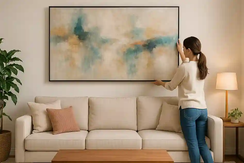A person choosing abstract wall art with soft teal and gold tones for a modern living room with cozy, elegant décor.