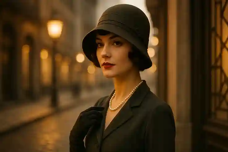 Elegant 1920s woman wearing a tilted cloche hat symbolizing independence and timeless style.