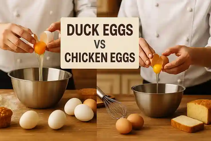 Chef using duck eggs and chicken eggs in cooking and baking to compare kitchen performance.