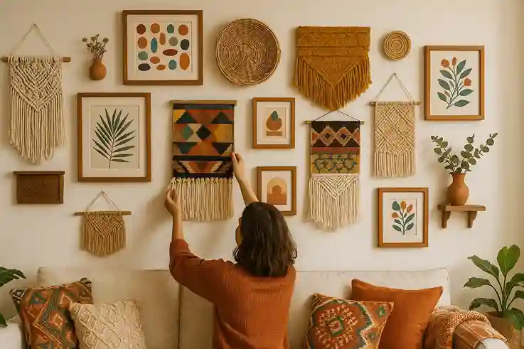 Boho Wall Decor gallery wall with framed art, woven hangings, and a person arranging the display.