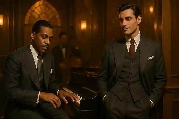 Jazz and Hollywood icons of the 1920s showcasing elegant suits, silk ties, and timeless men’s style.