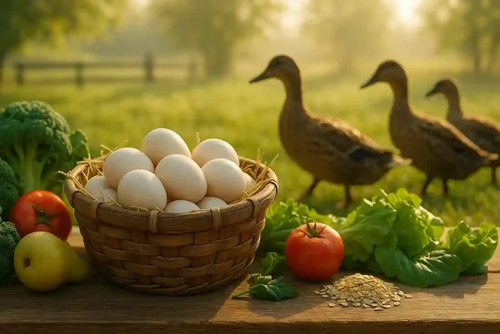 Fresh duck eggs in a rustic basket with ducks and healthy foods symbolizing natural nutrition boost