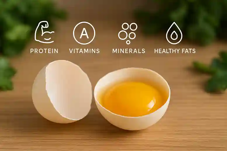 Duck egg nutrition shown with golden yolk and icons for protein, vitamins, minerals, and healthy fats