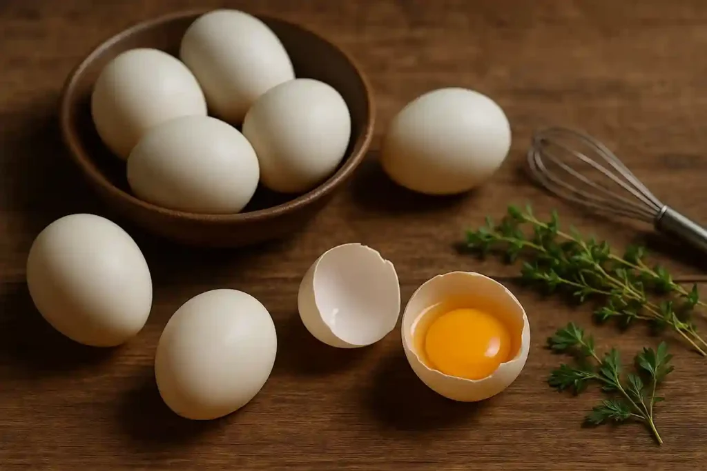 Fresh duck eggs with rich golden yolks on a rustic wooden table, ready for cooking and healthful recipes