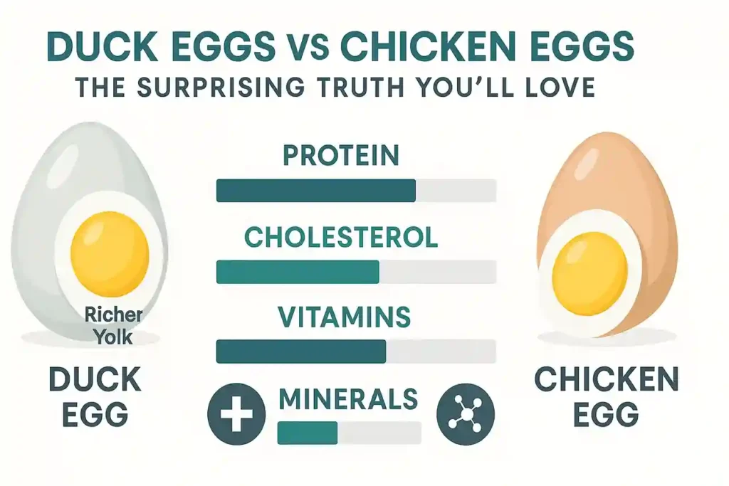 Scientific infographic comparing Duck Eggs vs Chicken Eggs with charts, labels, and nutrition icons.