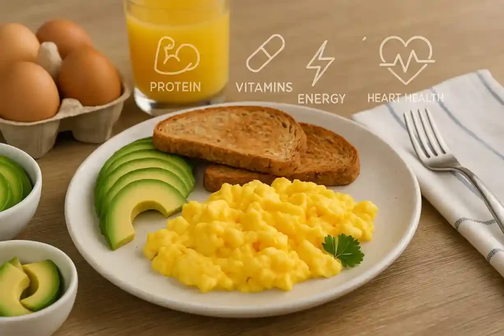Wholesome breakfast with eggs, avocado, and greens showing rich egg nutrition facts and natural health benefits.
