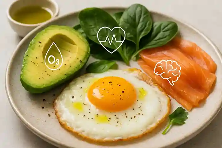 Healthy breakfast with eggs, avocado, and salmon highlighting essential fats for heart and brain health.
