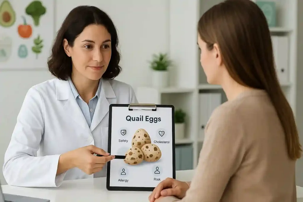 Nutrition expert explaining possible drawbacks and precautions about Quail Eggs to a client in a health consultation setting.