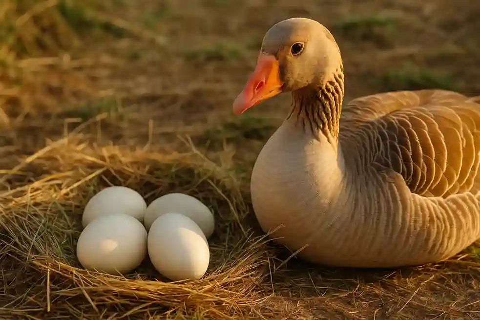 A goose sitting near its nest with fresh goose eggs on straw, symbolizing natural and wholesome farm freshness.