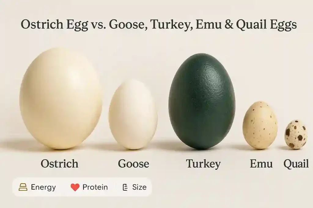 Ostrich Egg compared with Goose, Turkey, Emu, and Quail eggs, showing clear size, color, and nutritional differences.