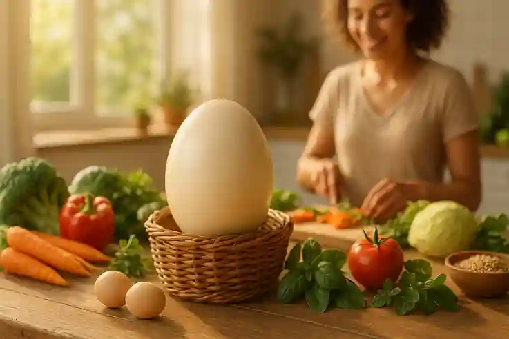 Basket with a large Ostrich Egg surrounded by fresh vegetables and herbs, symbolizing its natural health benefits and nutrition.