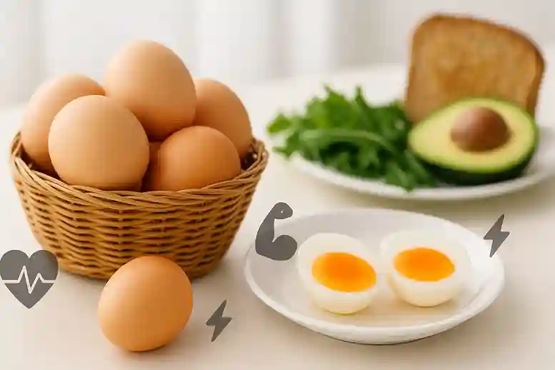 Fresh chicken eggs with healthy breakfast ingredients and wellness icons showing health benefits.