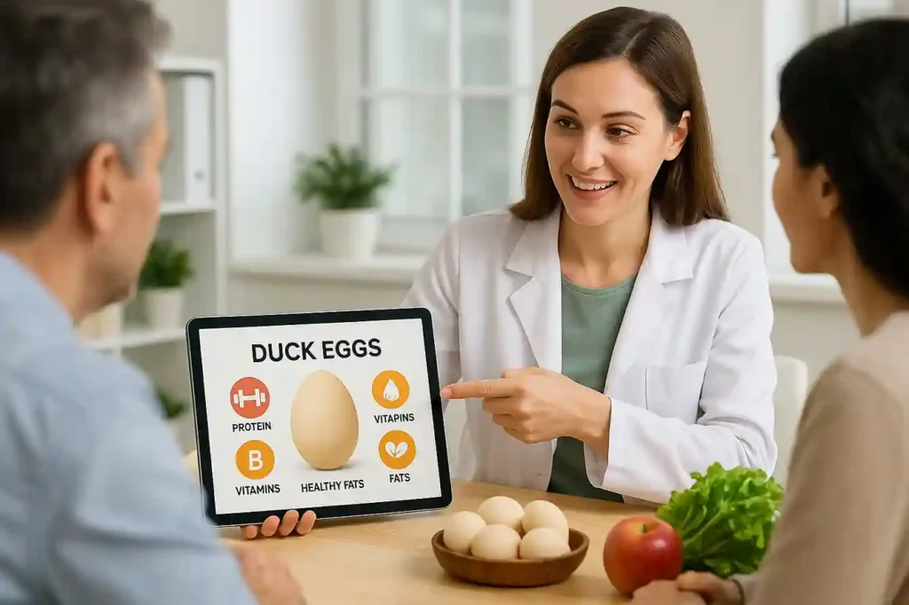 Nutritionist explaining duck egg nutrition benefits to clients with healthy foods and diet chart