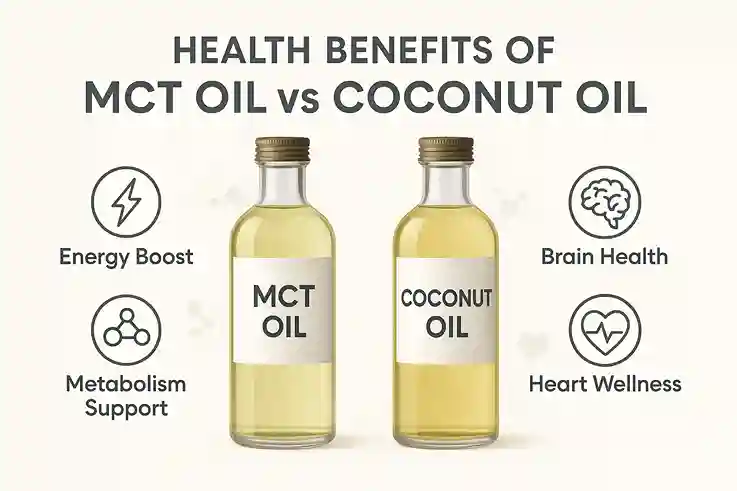 Infographic showing health benefits of MCT Oil vs Coconut Oil with labeled bottles, icons for energy, metabolism, and brain health.