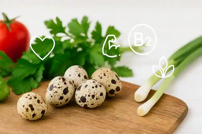 Healthy quail eggs with vegetables and wellness icons symbolizing health benefits.