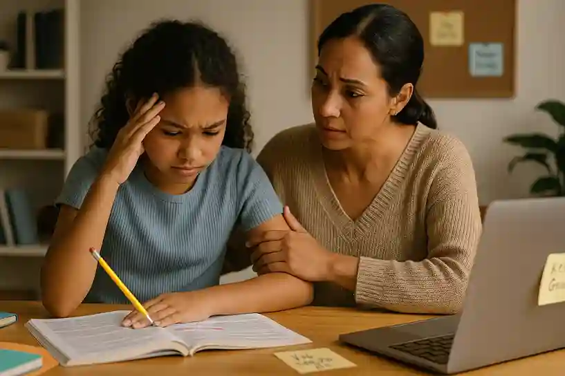 Parent helping a frustrated child with homework, showing patience and problem-solving in homeschooling challenges.