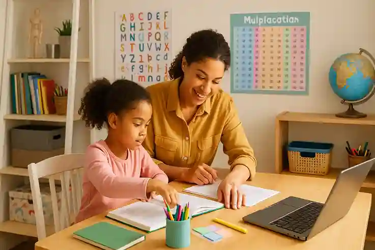 Parent and child organizing a bright study area with books and laptop, showing how to set up an effective homeschooling space.