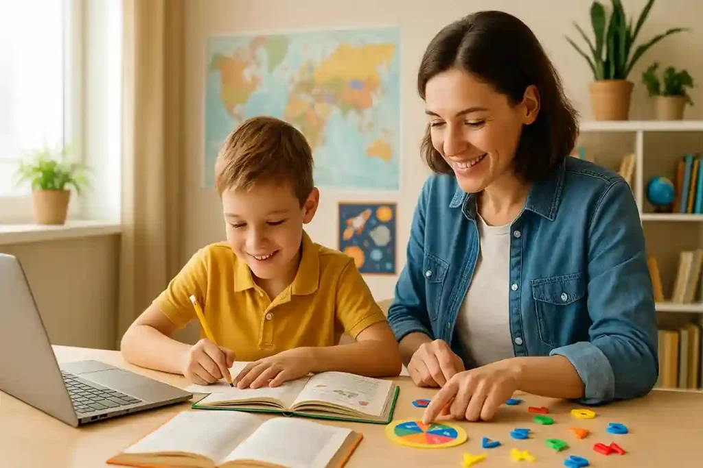 A parent teaching a child at home in a cozy learning space, illustrating how homeschooling works in a modern educational setting.