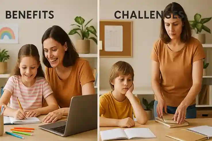 A split-scene showing how homeschooling works—one side highlighting its benefits, the other showing real-life challenges at home.