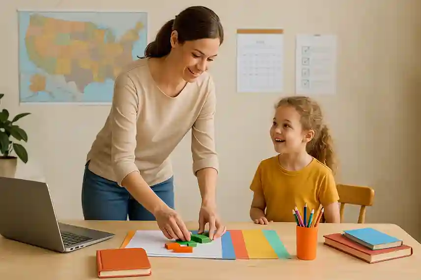 A parent and child organizing books and a laptop in a bright home classroom, visually explaining how does homeschooling work in real life.