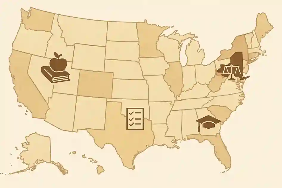 A U.S. map with icons for education and law, visually explaining how homeschooling works under different state requirements.