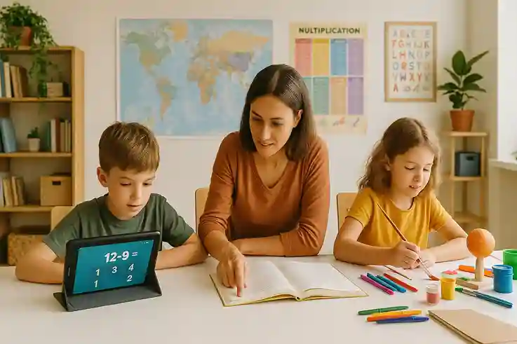 A parent guiding two children through hands-on lessons at home, showing how homeschooling works in real daily practice.