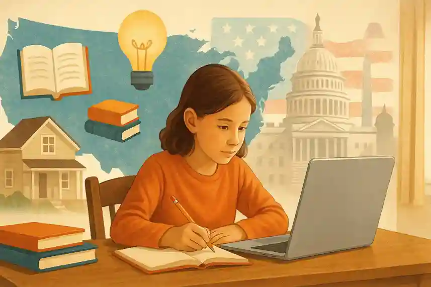 A child learning at home with a laptop and educational icons around a U.S. map, illustrating how homeschooling works in America.