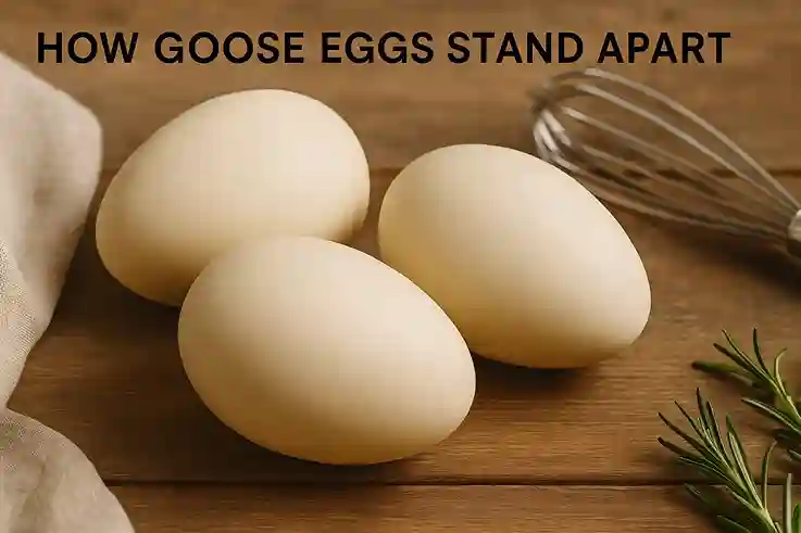 Fresh goose eggs displayed on a rustic wooden table with soft light, highlighting their unique texture and natural beauty.