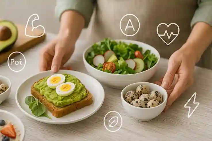 Healthy kitchen scene showing Quail Eggs added to salads and meals, illustrating easy ways to include them in your diet.