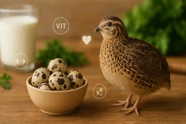 Lifestyle image of Quail and Quail Eggs with health icons symbolizing natural nutrition and wellness.