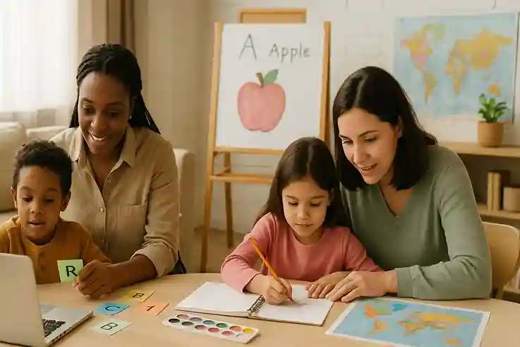 Diverse parents and children learning together at home with books and laptops, showing an inclusive homeschooling environment.