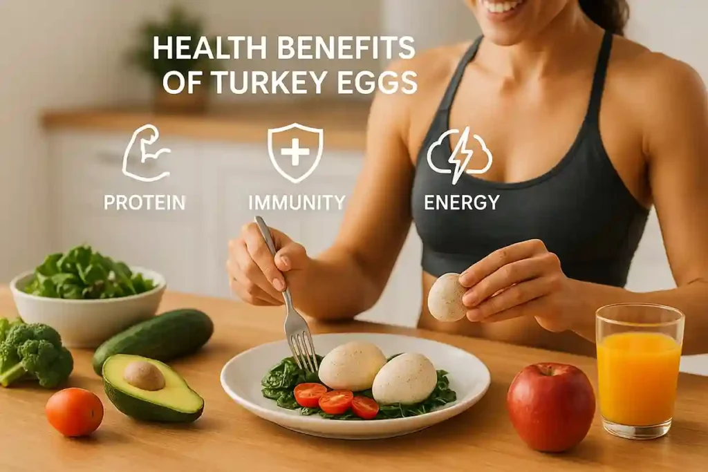 Healthy breakfast with turkey eggs, fresh vegetables, and fruit symbolizing wellness, energy, and balanced nutrition.