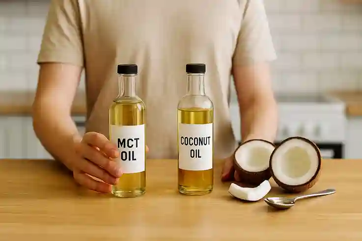 Person comparing MCT Oil vs Coconut Oil bottles on a wooden counter with sliced coconuts and warm natural kitchen lighting.