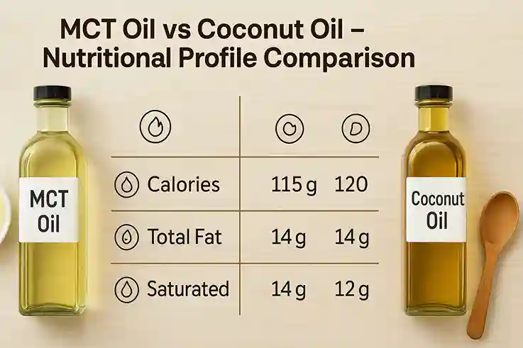 Flat lay showing MCT Oil vs Coconut Oil nutritional profile comparison with bottles, oil portions, and healthy fat icons on a bright surface.