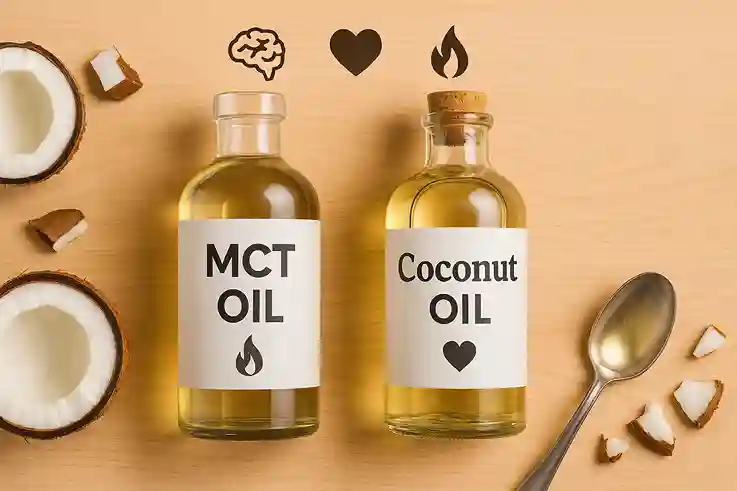Flat lay of MCT Oil vs Coconut Oil bottles on wooden surface with sliced coconuts and spoon of clear oil in warm natural light.