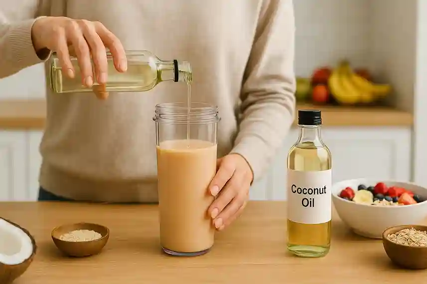 Person preparing a healthy breakfast with MCT Oil vs Coconut Oil, drizzling oil over smoothie bowl with fresh fruits in kitchen.