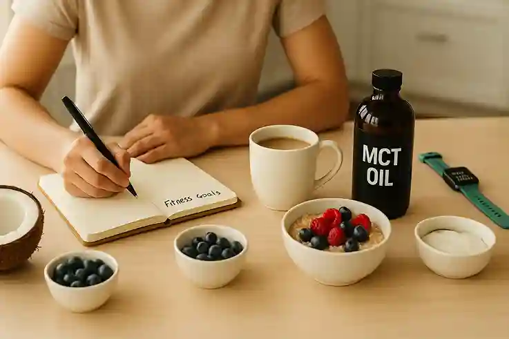 Person journaling fitness goals with MCT oil coffee, symbolizing mindful nutrition, balance, and healthy MCT wellness habits.