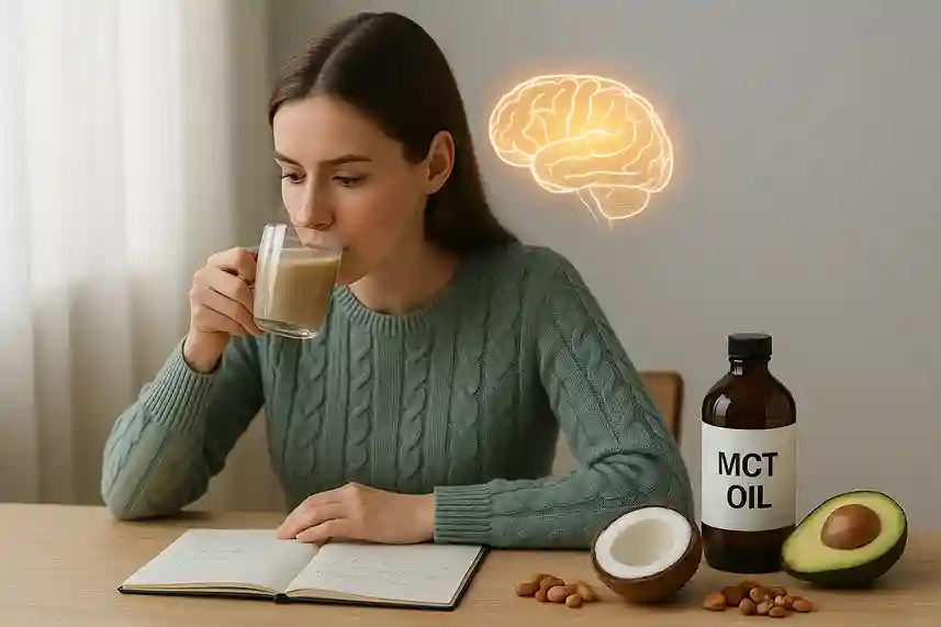 Focused person with MCT oil coffee and brain-health foods, symbolizing enhanced cognition and the benefits of MCT wellness.