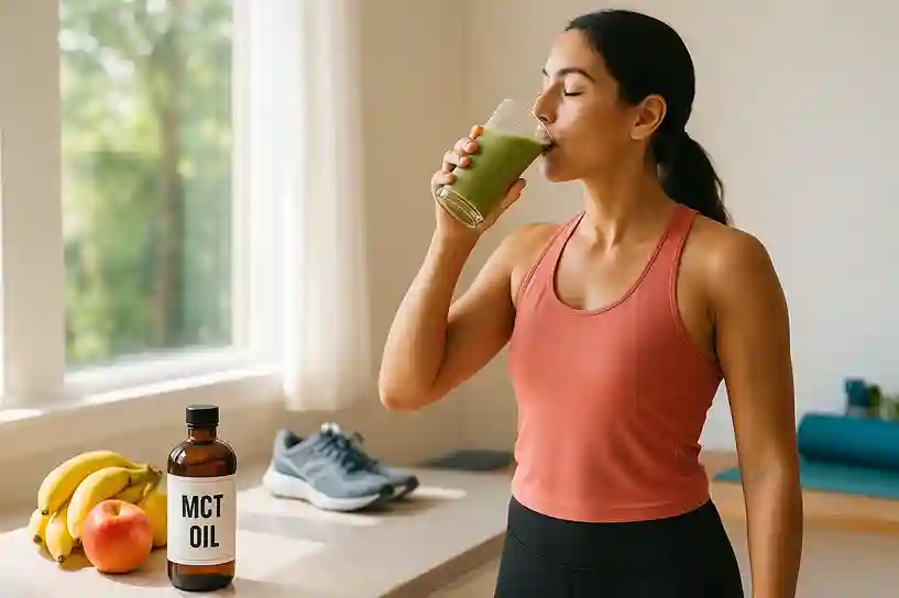 Active person enjoying MCT oil coffee in a bright kitchen, symbolizing natural energy, focus, and the benefits of MCT wellness.