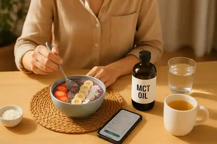 Person enjoying a MCT-infused smoothie bowl with gut-friendly foods, symbolizing digestive health and MCT wellness benefits.